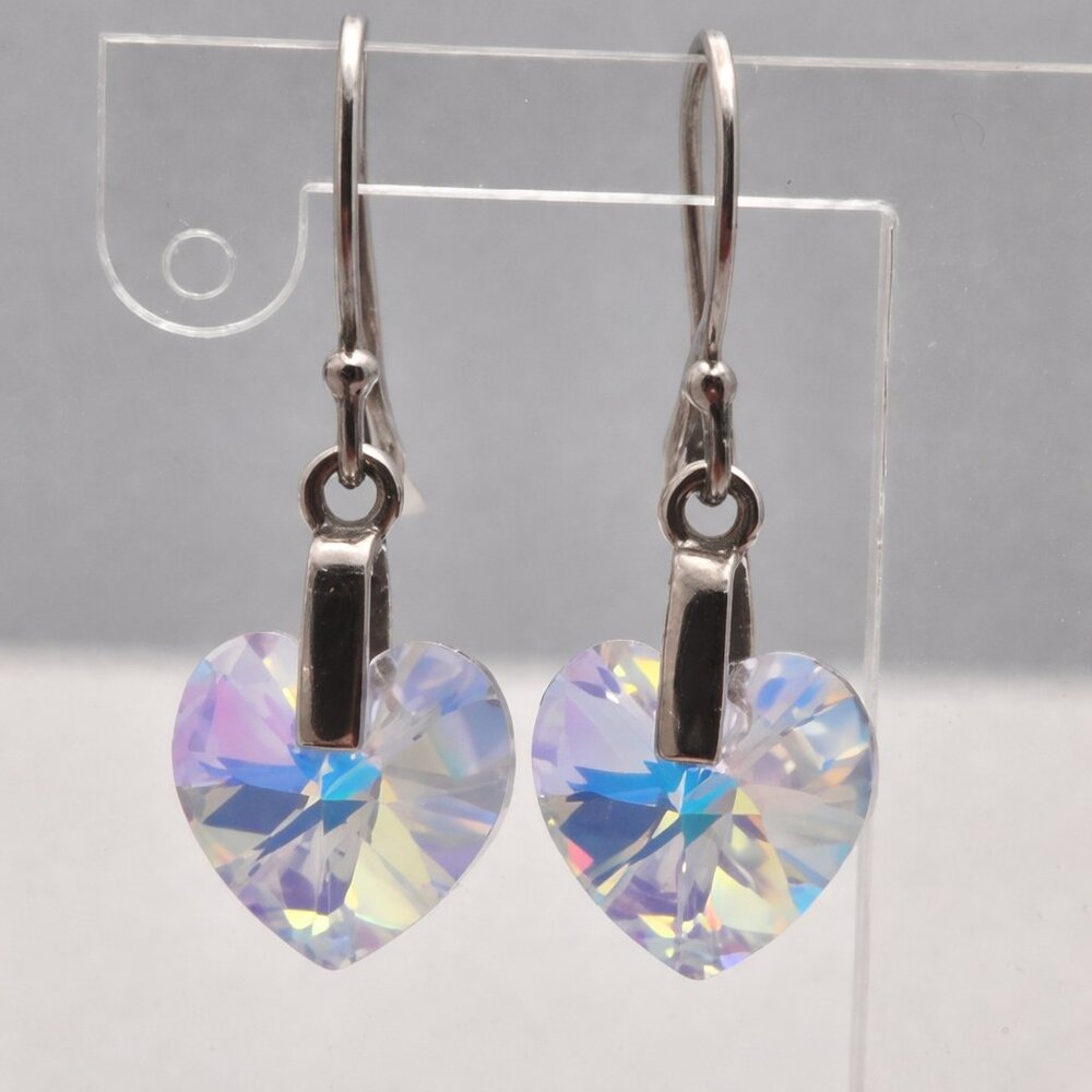 925 Sterling Silver Heart Earrings w/ Clear AB Swarovski-Style Crystals